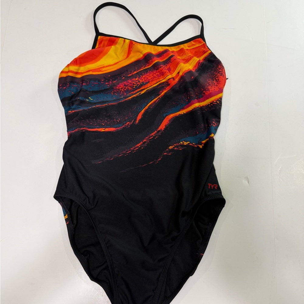 TYR Women's Black One-Piece Swimsuit with Orange, Red and Blue Swirl